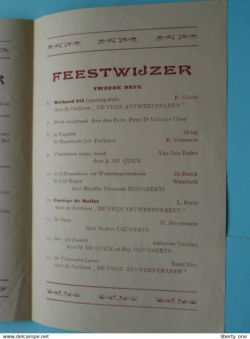 GROOT LIEFDADIG KUNSTFEEST > DE Vrije Antwerpenaren > Feestzaal Katholieke Kring ANTWERPEN ( Zie Scans ) 1923 ! - Programas