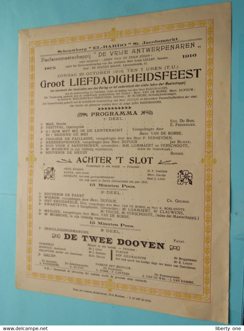 GROOT LIEFDADIGHEIDSFEEST > Fanfare DE Vrije Antwerpenaren > Schouwburg " EL BARDO " ANTWERPEN ( Zie Scans ) 1916 ! - Programmes