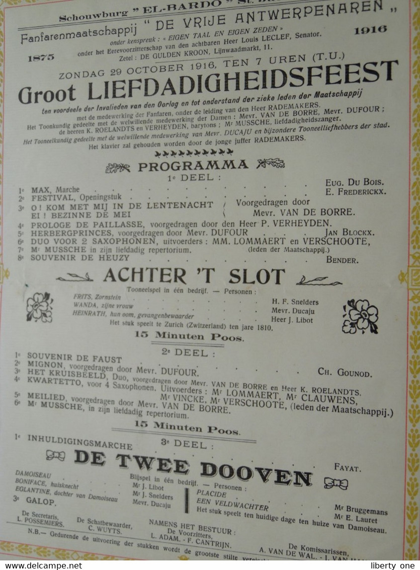 GROOT LIEFDADIGHEIDSFEEST > Fanfare DE Vrije Antwerpenaren > Schouwburg " EL BARDO " ANTWERPEN ( Zie Scans ) 1916 ! - Programme