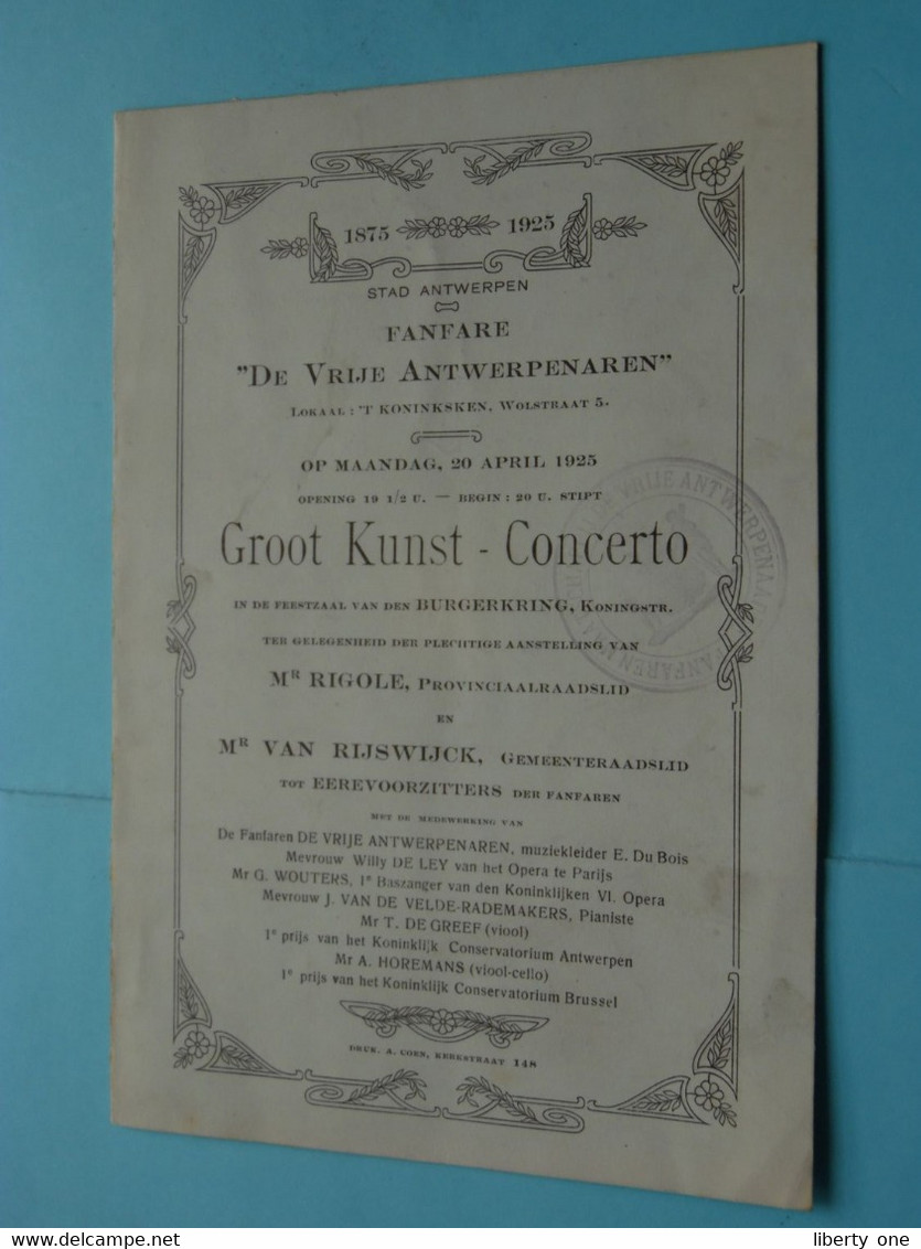 GROOT KUNST CONCERTO > Fanfare DE Vrije Antwerpenaren > 't KONINKSKEN Wolstraat ANTWERPEN ( Zie Scans ) 1925 ! - Programs