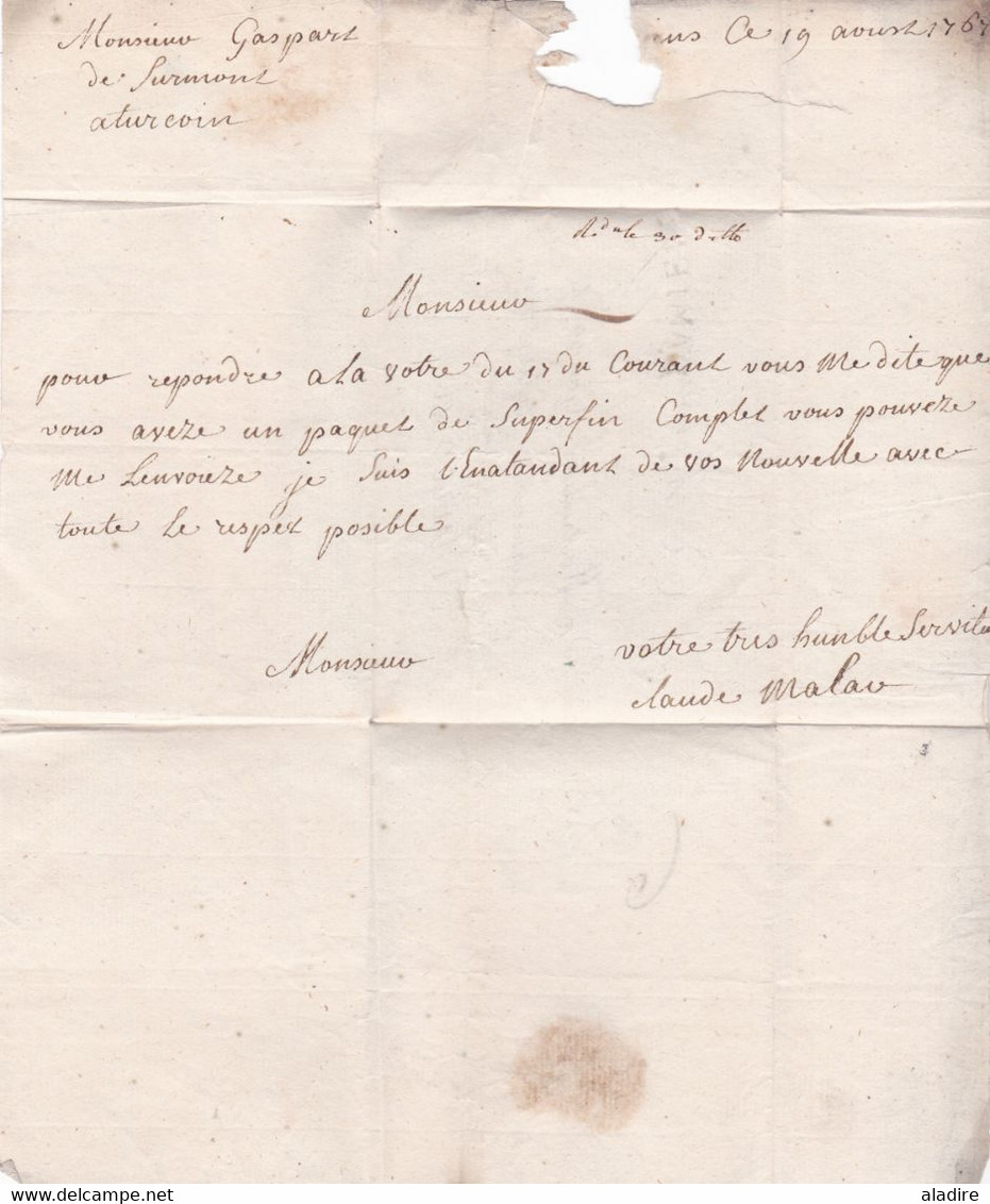 1767 - Marque Postale DAMIENS Sur Lettre Pliée Avec Correspondance Vers TURCOIN TOURCOING, Nord - 1701-1800: Precursors XVIII