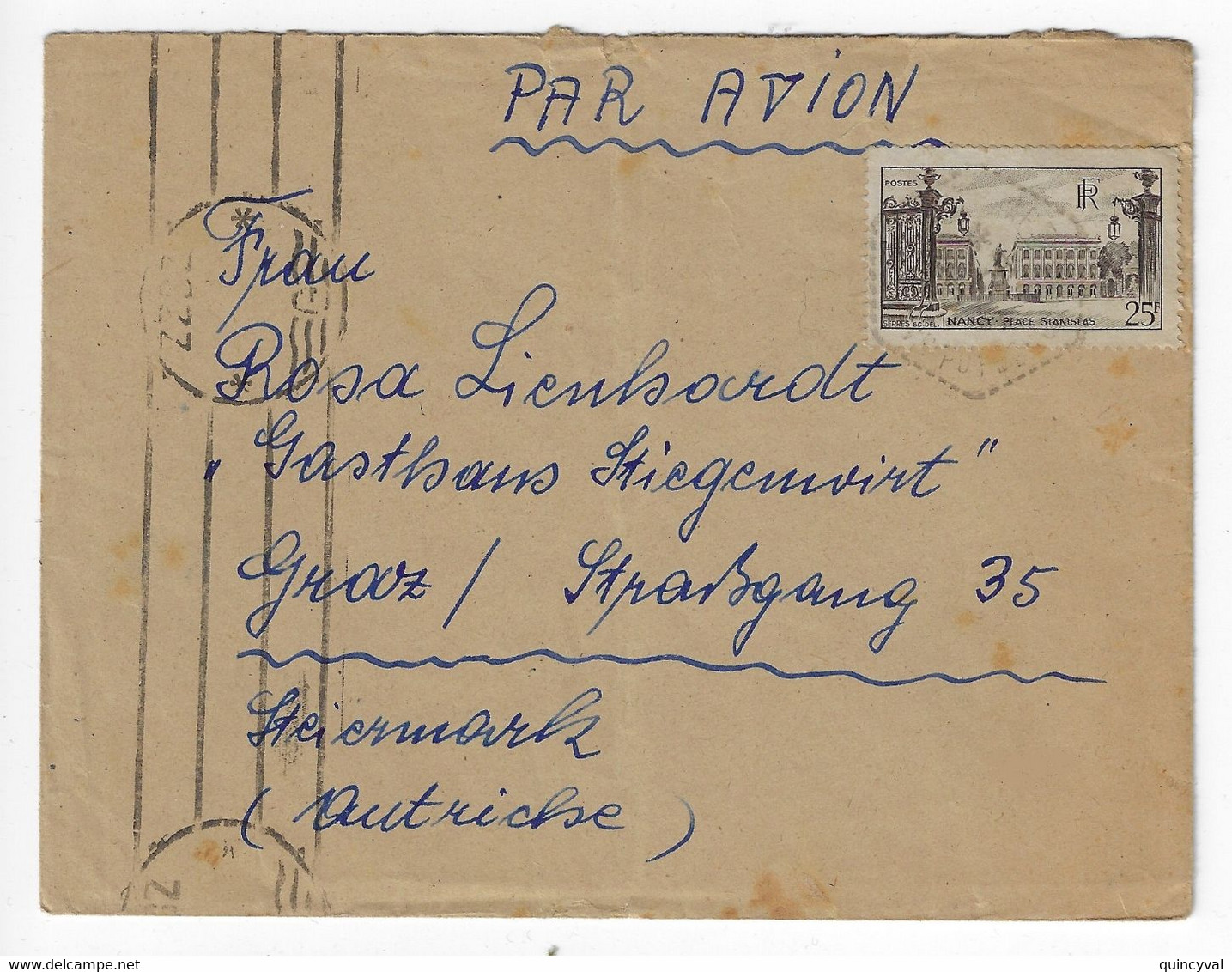 Lettre Par Avion Dest Steiermark Autriche 25 F Place Stanislas Nancy Yv 778 - Brieven En Documenten