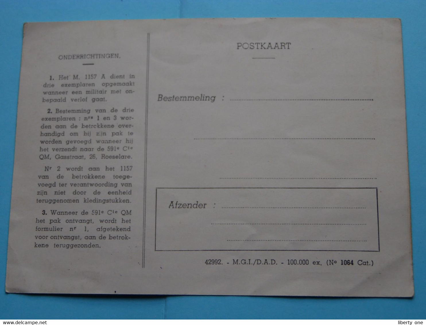 STEEKKAART Voor AFVOER Van De KLEDING > 1955 ( Zie Scans ) Van Den Brande Jozef 54.10280 ! - Dokumente