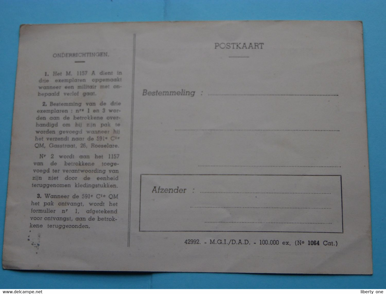 STEEKKAART Voor AFVOER Van De KLEDING > 1955 ( Zie Scans ) Van Den Brande Jozef 54.10280 ! - Documentos