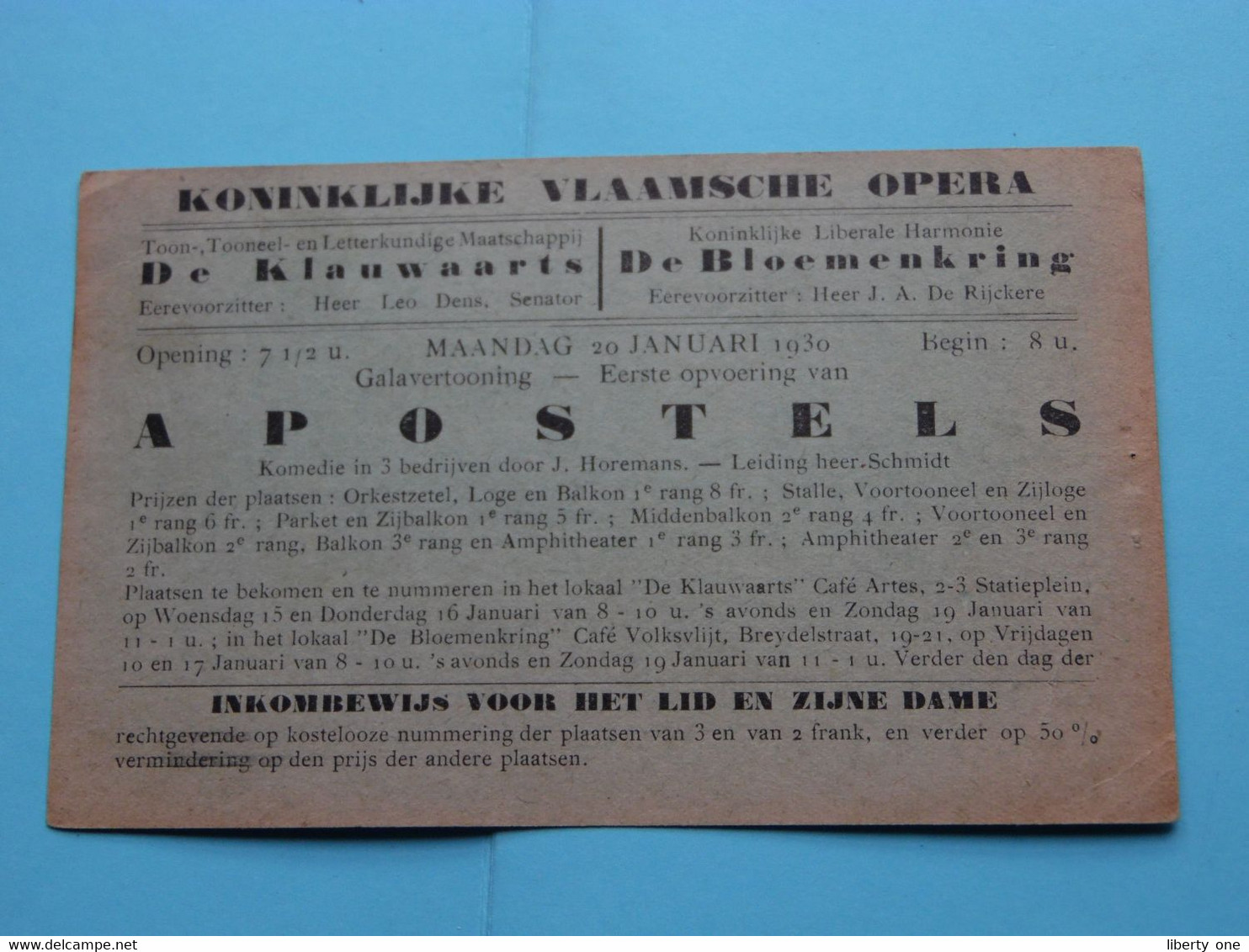 KONINKLIJKE VLAAMSCHE OPERA Galavertooning " APOSTELS " > 20 Januari 1930 ( Zie Scans ) ! - Toegangskaarten