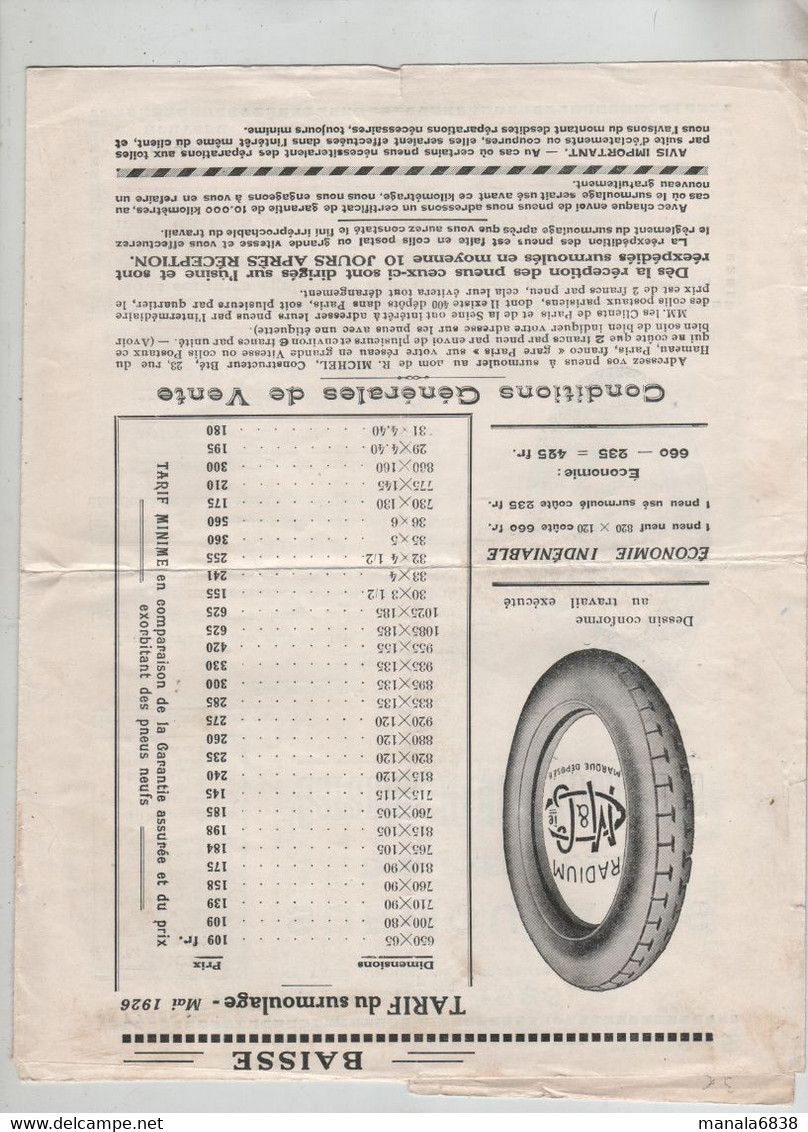 Tarif 1926 Michel Paris Versailles Surmoulages Pneus Radium - Non Classés