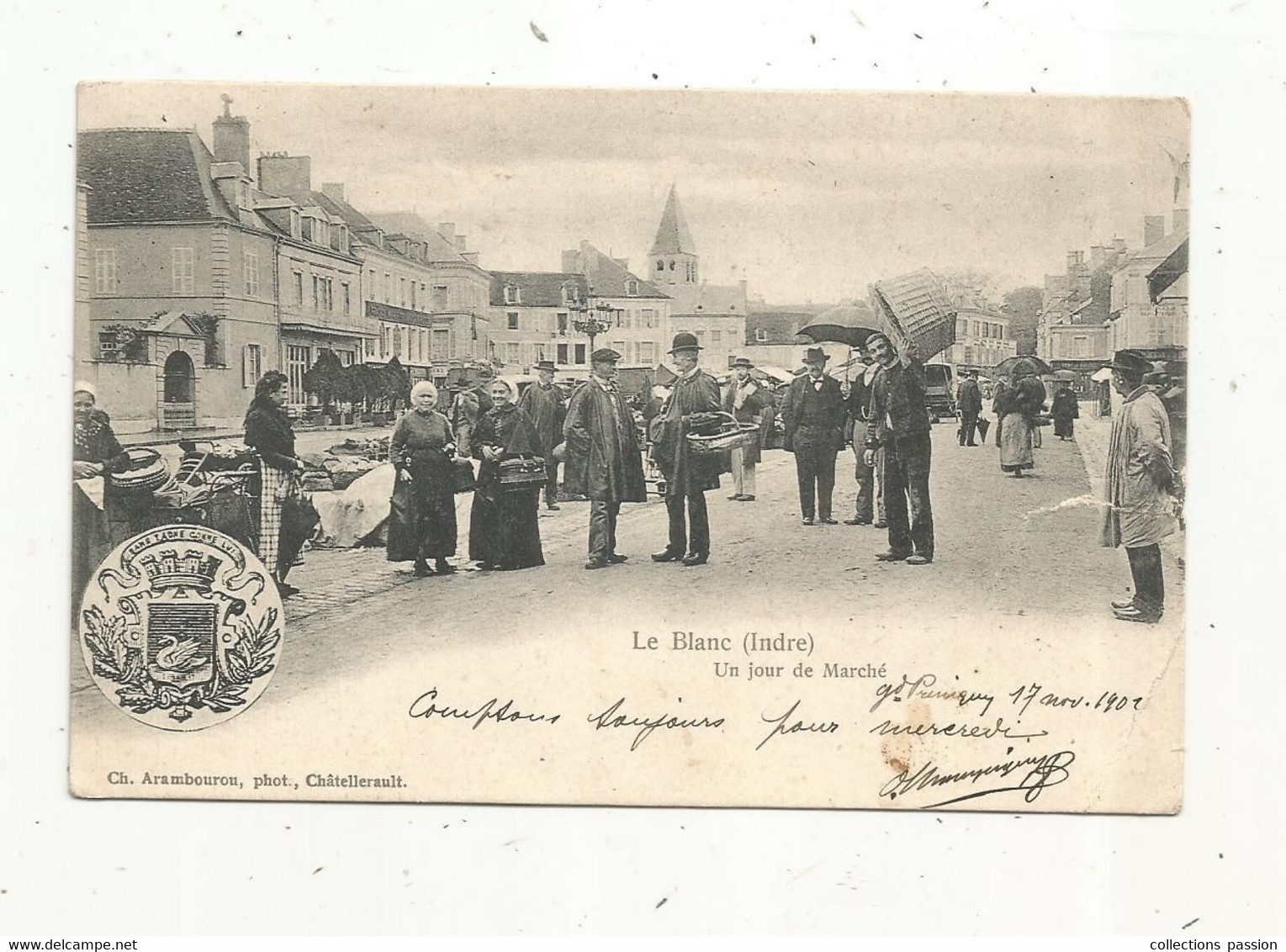 JC, Cp  , 36 , LE BLANC ,un Jour De Marché ,commerce, Marchés , Blason, Dos Simple , Voyagée 1902 - Marchés