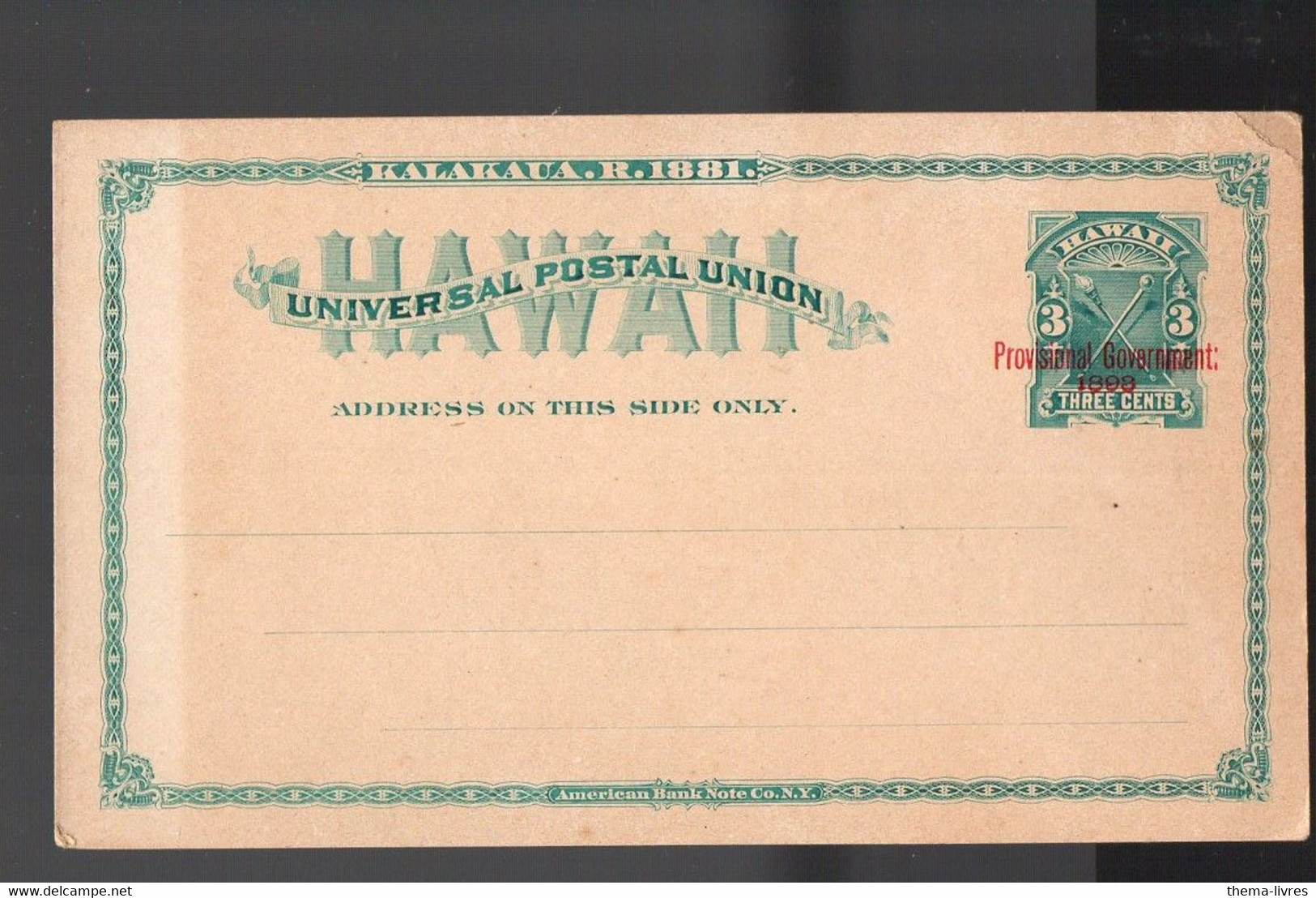 Hawaï : Entier Postal 3. Surchargé (neuf)  (PPP35324) - Hawaii