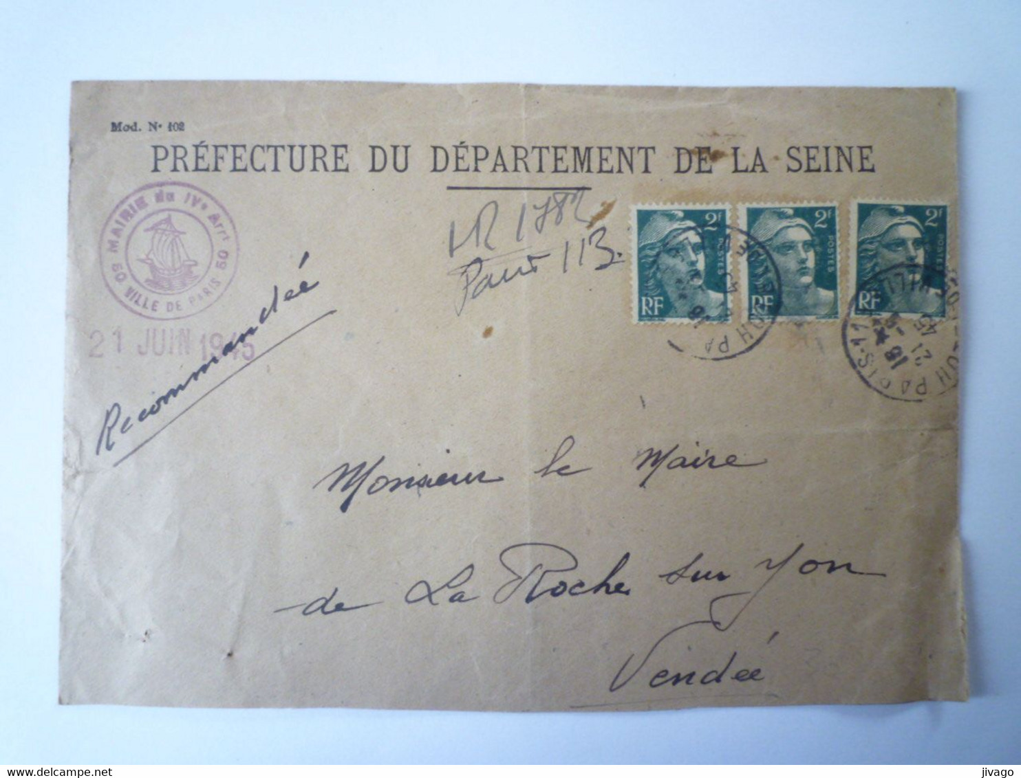 2022 - 1409  Enveloppe REC  Au Départ De PARIS  à Destination De  LA ROCHE-sur-YON  1945   XXX - 1944-45 Marianne De Dulac