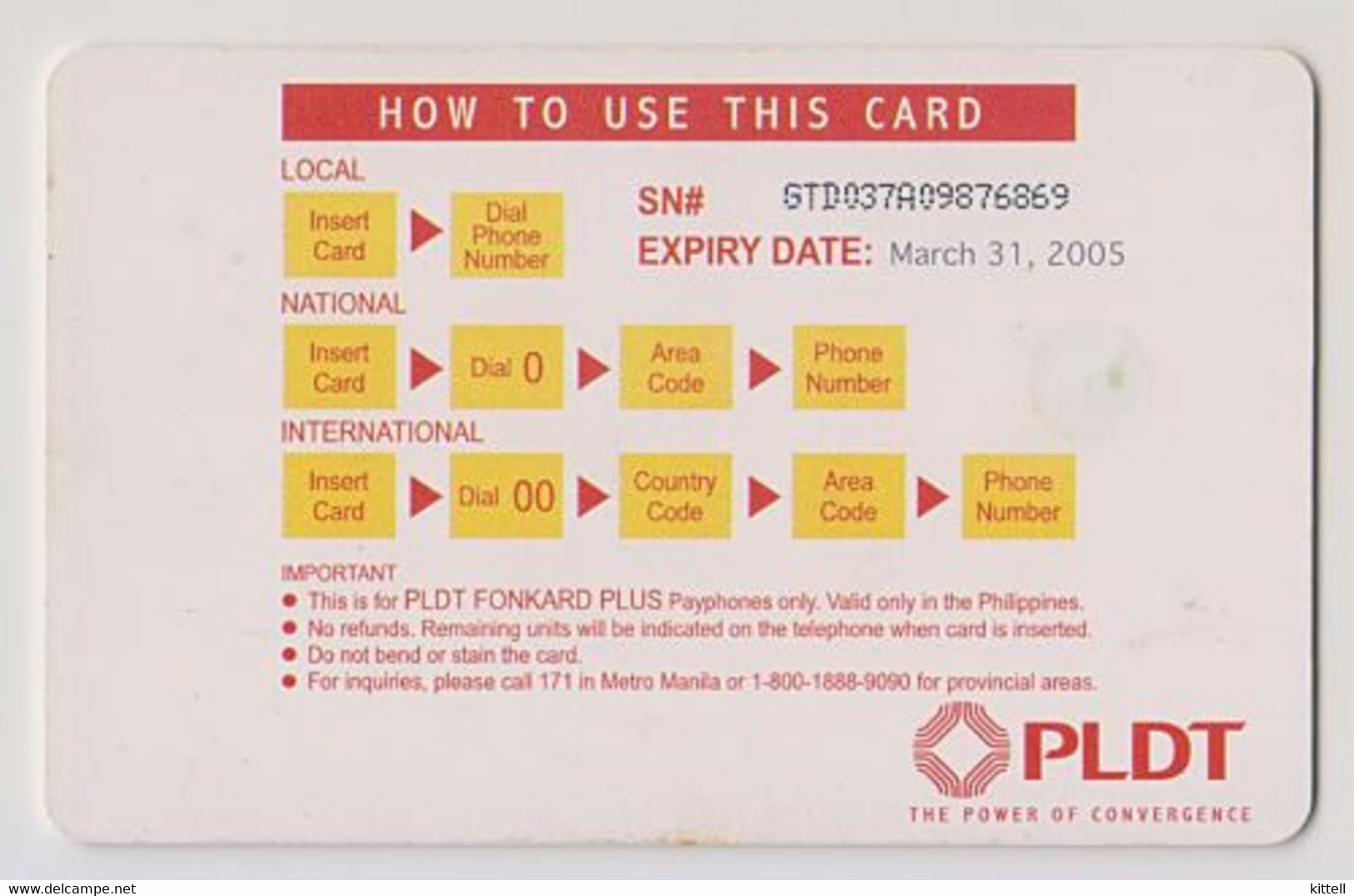 Philippines Old Phonecard PLDT 100P Expiry 31/3/05 Used - Philippines