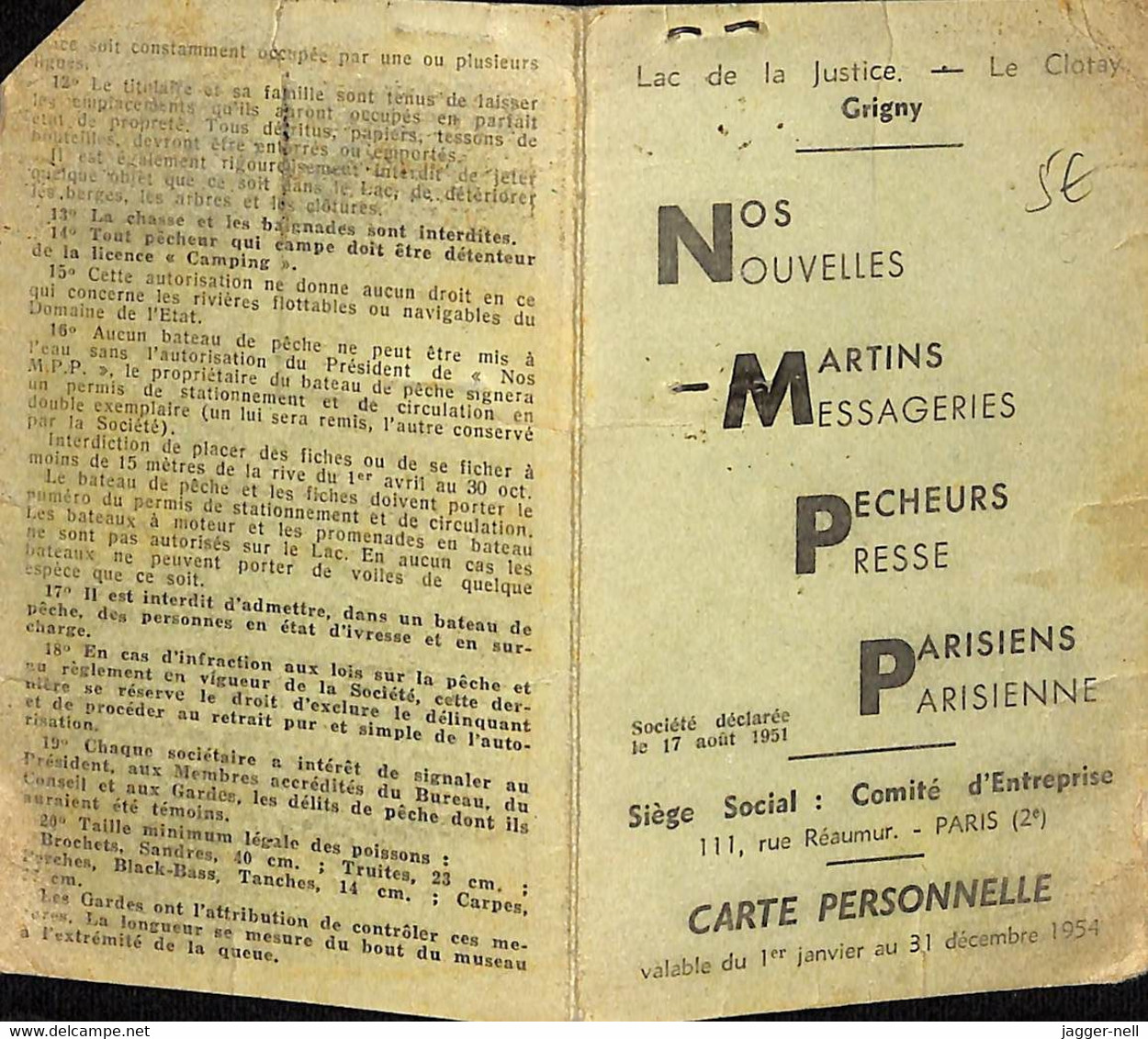 PERMIS DE PÊCHE N° 463 DOURLEN Gustave - GRIGNY - Lac De La Justice - Le Cotay - 1954 - - Pêche