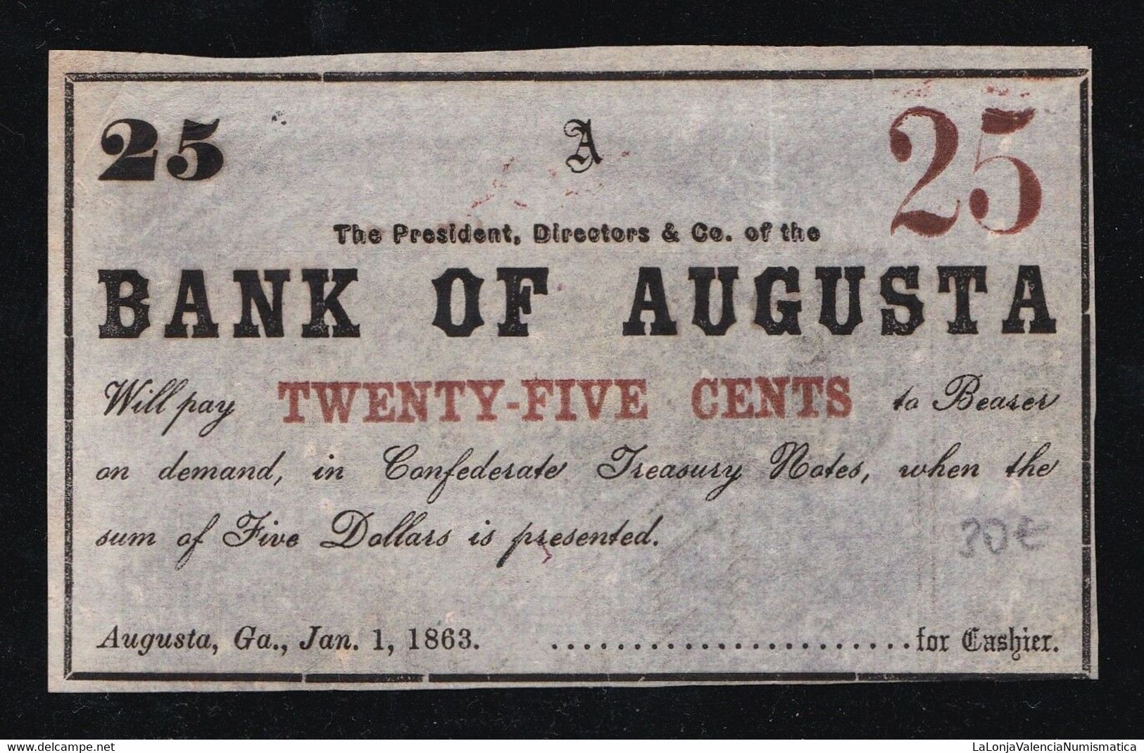 Estados Unidos United States 25 Cents 1863 Bank Of Augusta Georgia - Georgia