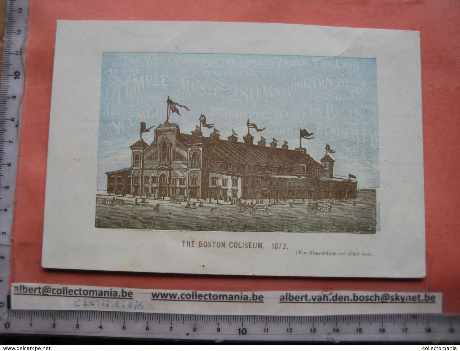 1872 - Ephemera, Litho Card 11cmX16,5cm - Temple Music BOSTON COLISEUM Pianos Organs Orgels FLAHERTY BLOOMFIELD WEBER - Musikinstrumente