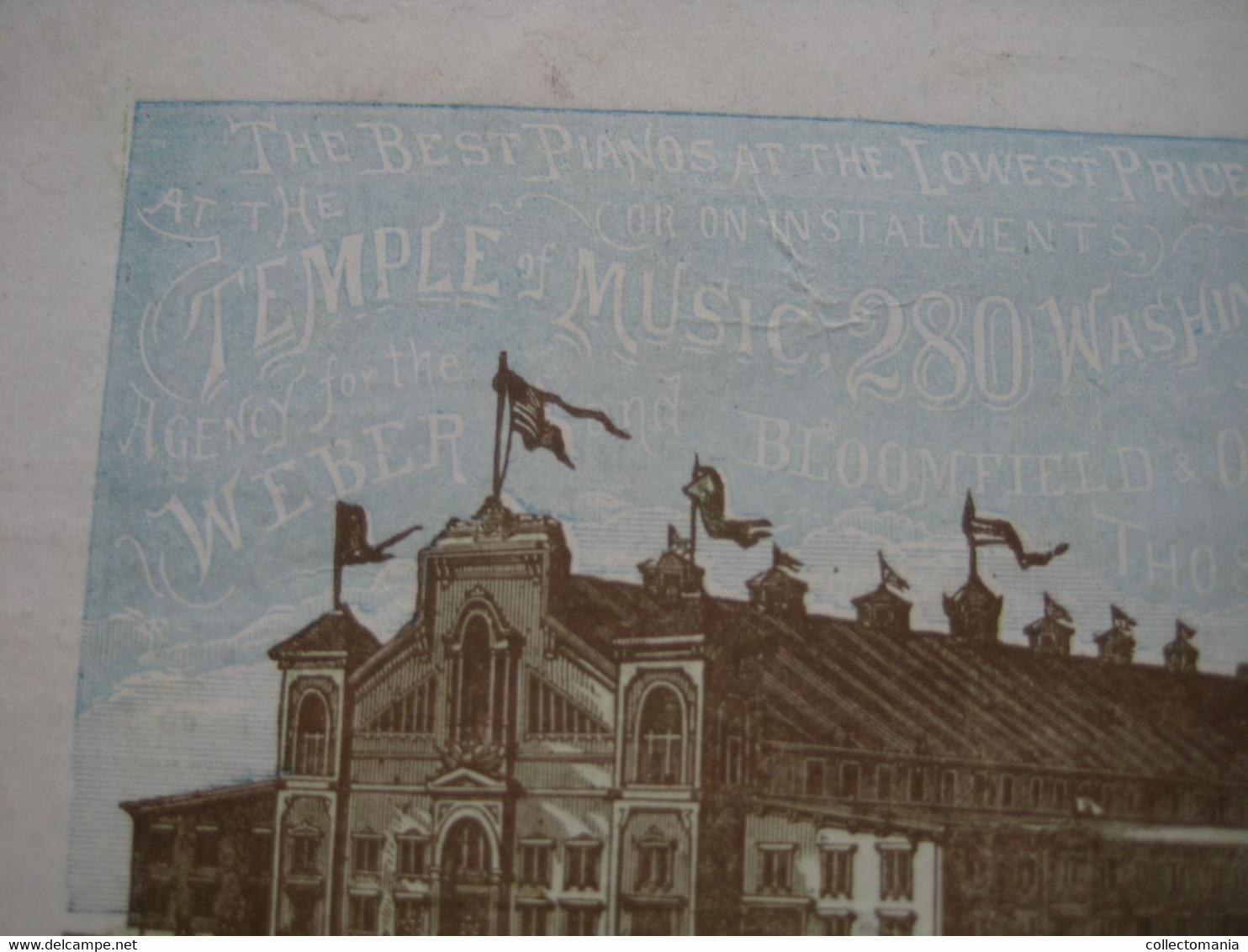 1872 - Ephemera, Litho Card 11cmX16,5cm - Temple Music BOSTON COLISEUM Pianos Organs Orgels FLAHERTY BLOOMFIELD WEBER - Instruments De Musique