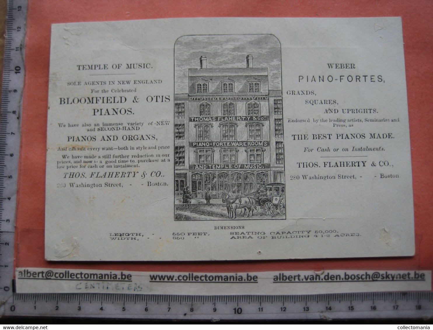 1872 - Ephemera, litho card 11cmX16,5cm - Temple Music BOSTON COLISEUM pianos organs orgels FLAHERTY BLOOMFIELD WEBER