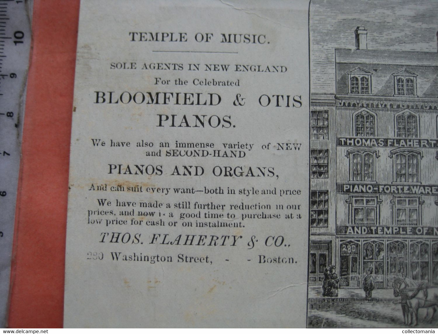 1872 - Ephemera, litho card 11cmX16,5cm - Temple Music BOSTON COLISEUM pianos organs orgels FLAHERTY BLOOMFIELD WEBER