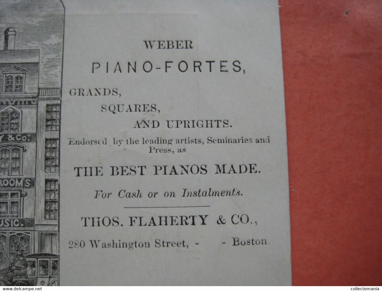 1872 - Ephemera, litho card 11cmX16,5cm - Temple Music BOSTON COLISEUM pianos organs orgels FLAHERTY BLOOMFIELD WEBER