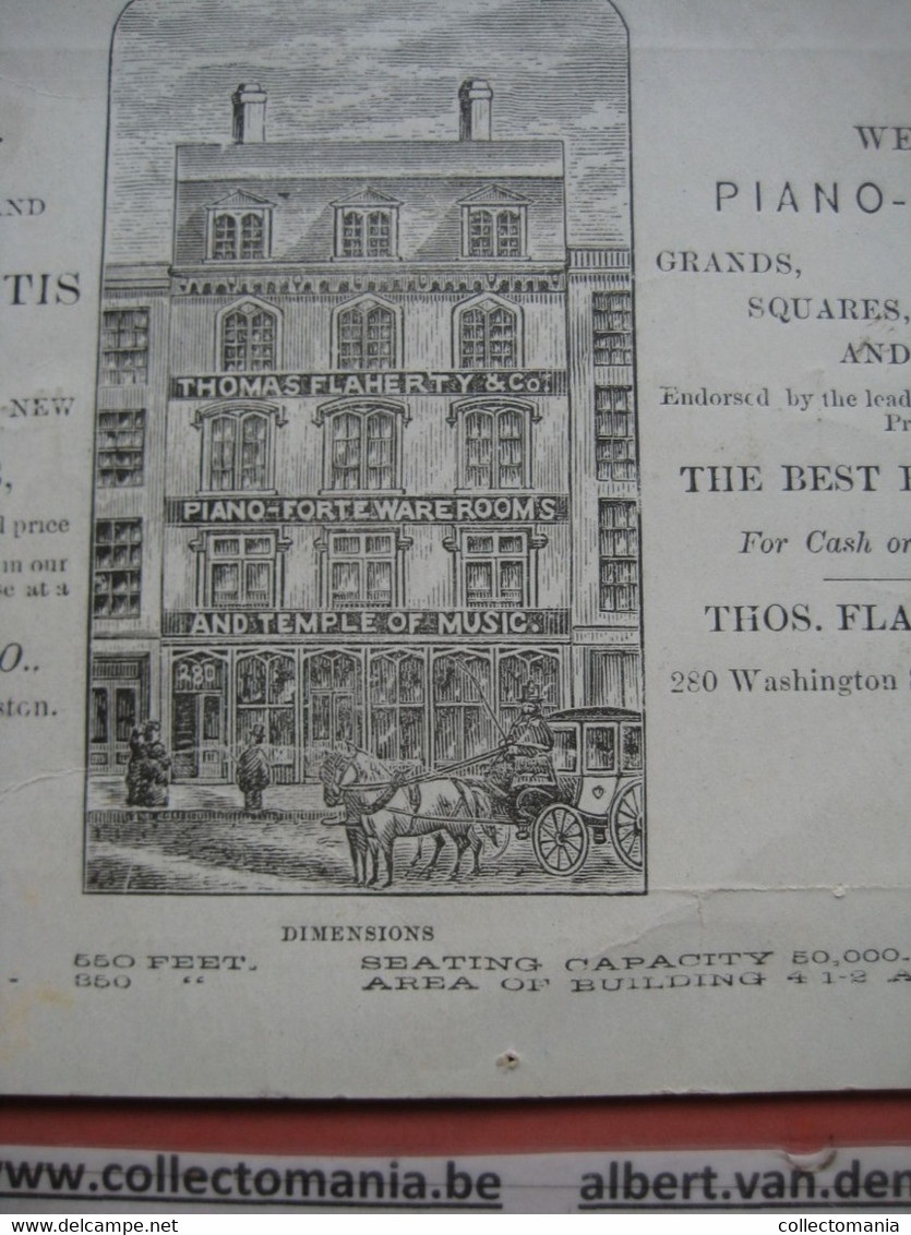 1872 - Ephemera, litho card 11cmX16,5cm - Temple Music BOSTON COLISEUM pianos organs orgels FLAHERTY BLOOMFIELD WEBER