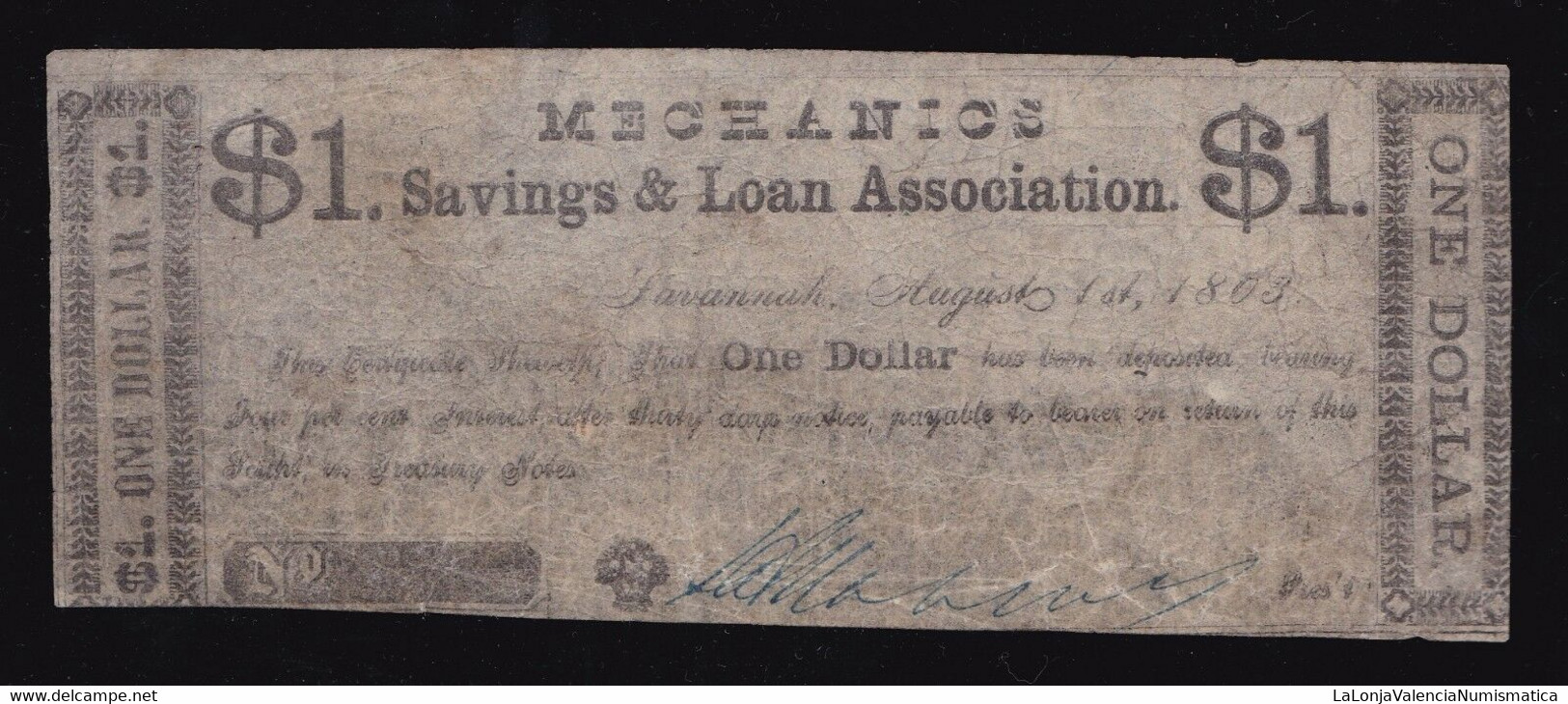 Estados Unidos United States 1 Dollar 1863 Civil War Georgia Mechanics Savings & Loan - Georgia