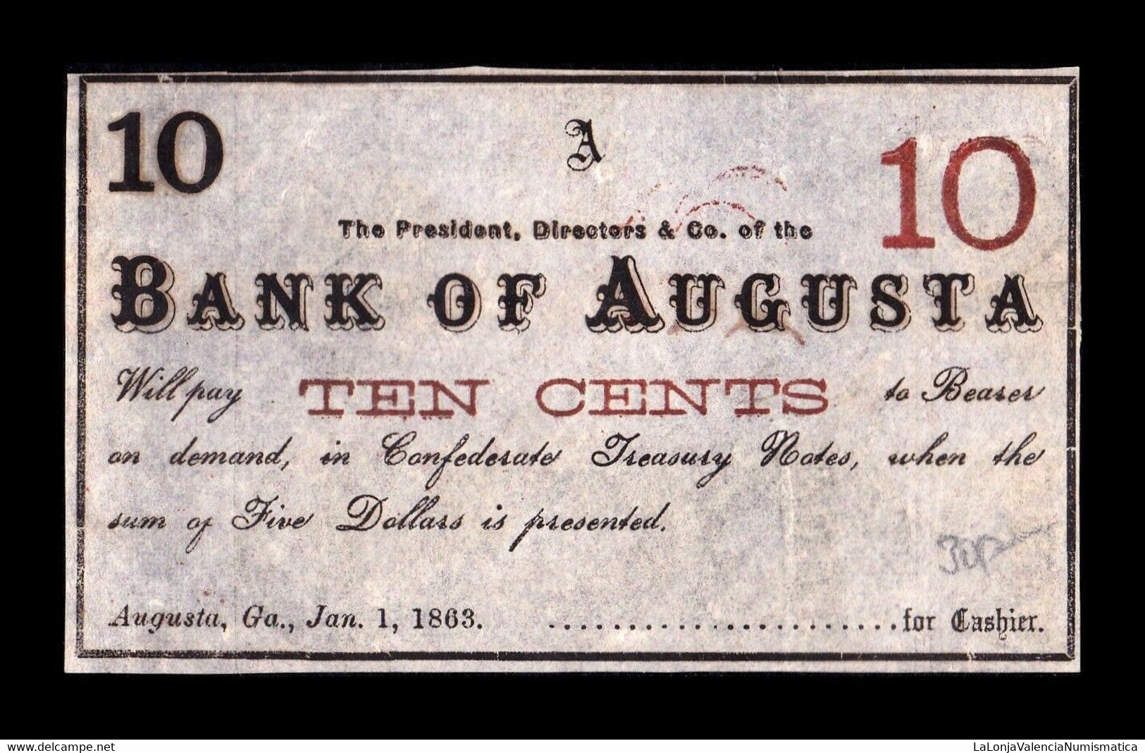 Estados Unidos United States 10 Cents 1863 Bank Of Augusta Civil War Remainder Georgia - Georgia