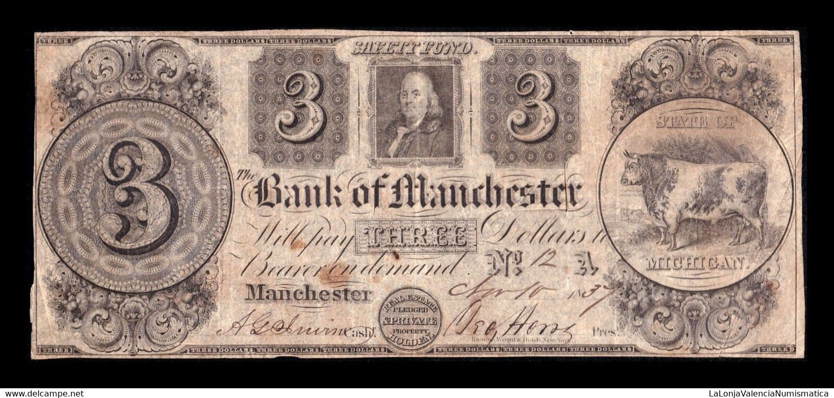 Estados Unidos United States 3 Dollars 1837 The Bank Of Manchester Michigan - Valuta Coloniale (XVIII Secolo)