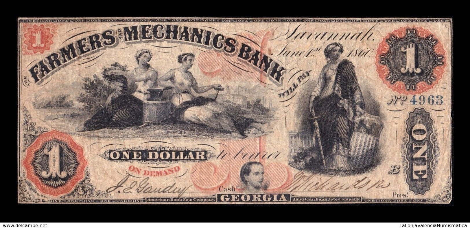 Estados Unidos United States 1 Dollar 1860 Farmers & Mechanics Bank Georgia - Divisa Confederada (1861-1864)