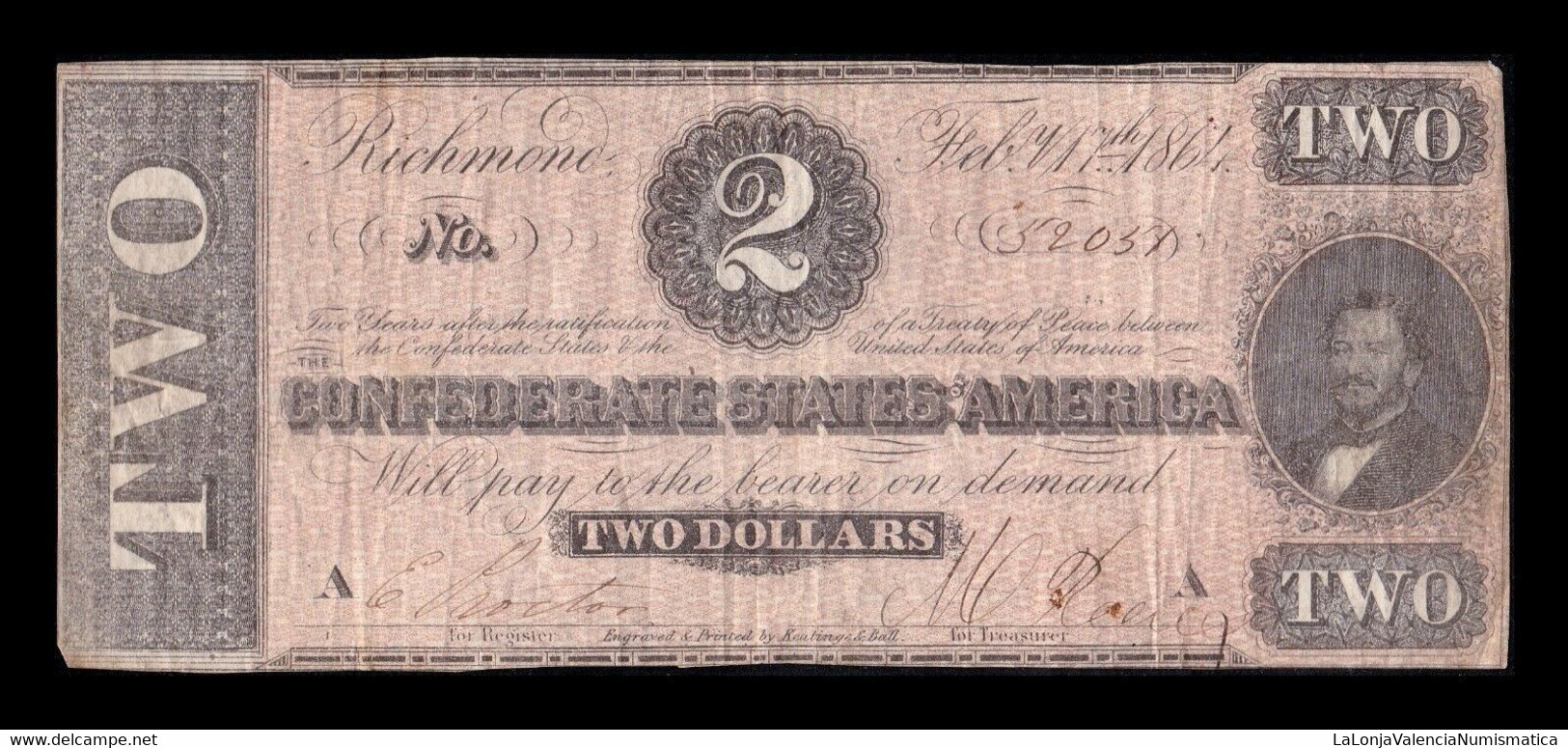 Estados Unidos United States 2 Dollars 1864 Pick 66 Confederate States Of America Richmond - Valuta Van De Bondsstaat (1861-1864)