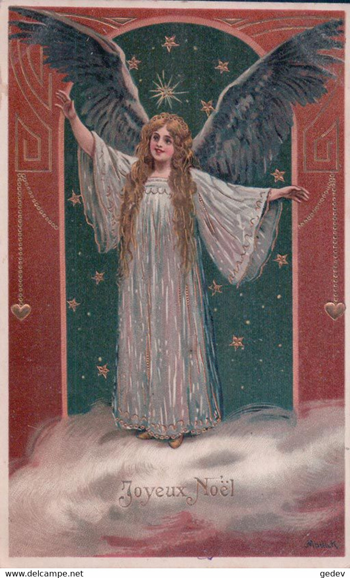 Mailick Alfred Illustrateur, Joyeux Noël, Ange Et Ciel étoilé, Litho Gaufrée (23.12.1908) - Mailick, Alfred