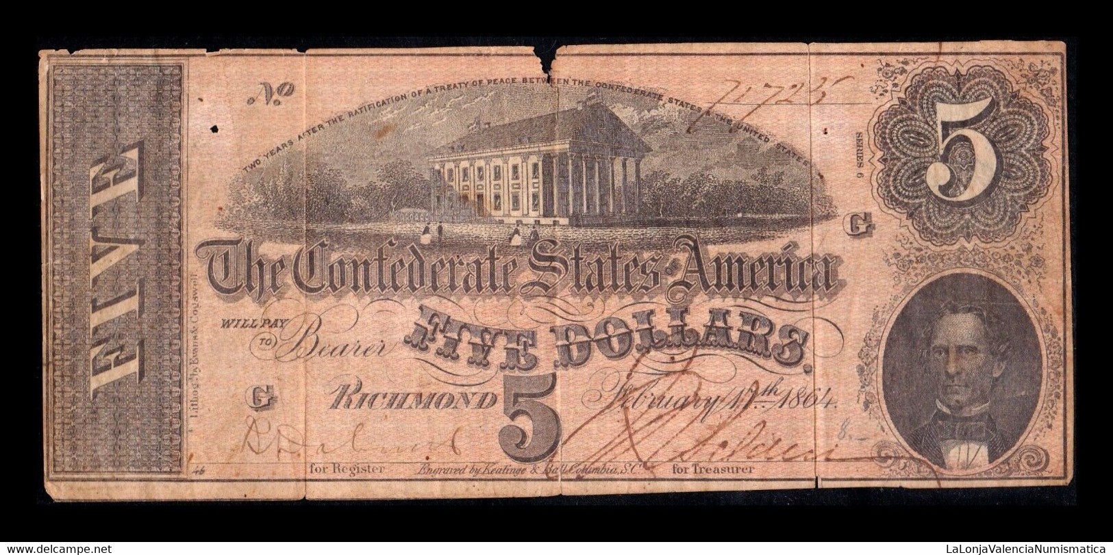Estados Unidos United States 5 Dollars 1864 Pick 67 Serie G Confederate States Of America Richmond - Divisa Confederada (1861-1864)