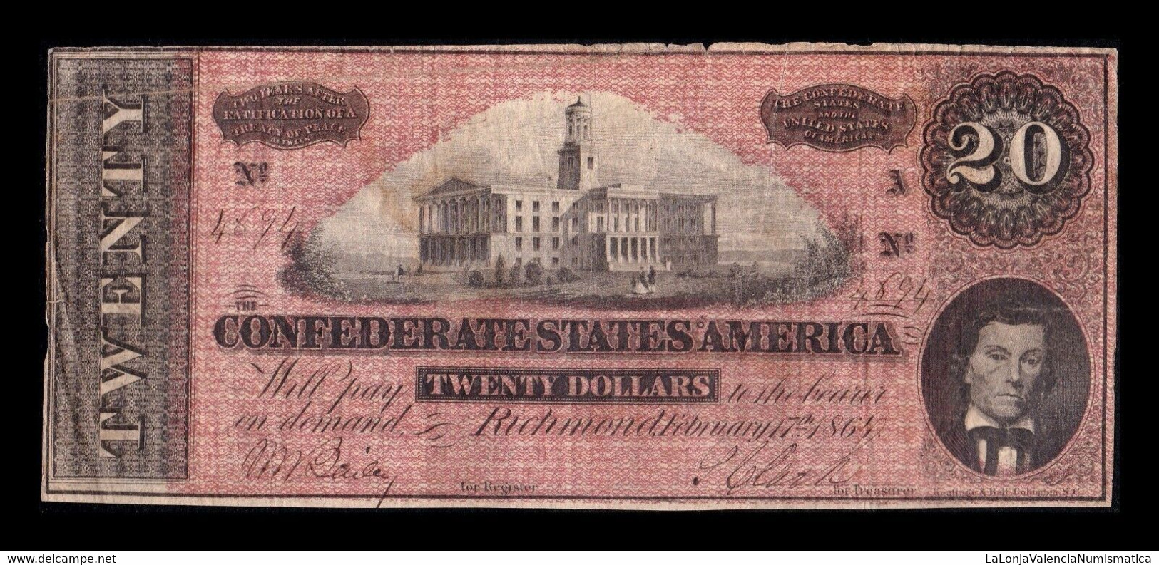 Estados Unidos United States 20 Dollars 1864 Pick 69 Serie AConfederate States Of America Richmond - Divisa Confederada (1861-1864)