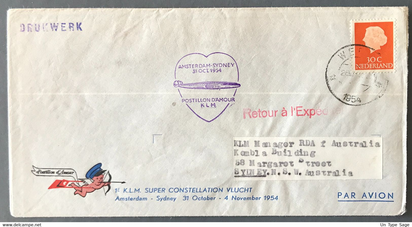 Pays-Bas Enveloppe Commémorative 1° Liaison KLM AMSTERDAM-SYDNEY 31.10.1954 - (A1618) - Storia Postale