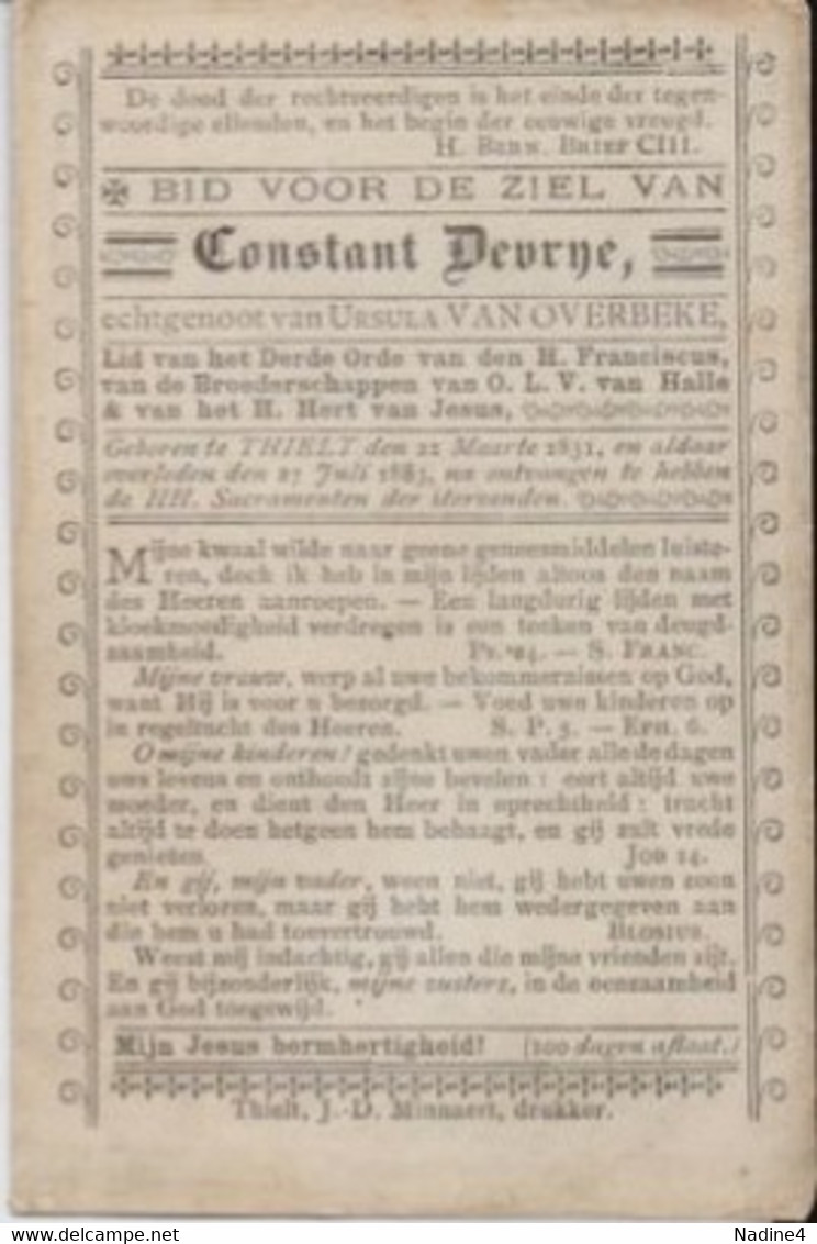 Devotie Devotion Overlijden - Constant Devrye Echtg. Ursula Van Overbeke - Tielt 1831 - 1883 - Avvisi Di Necrologio