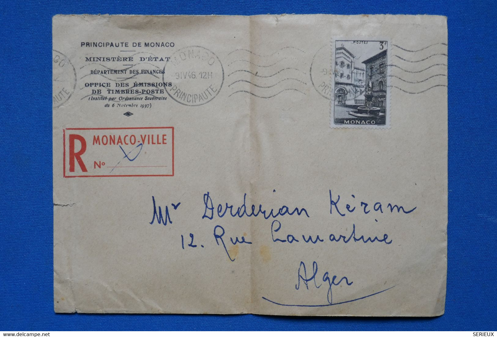 N29 MONACO BELLE LETTRE MINISTERE ETAT RECOM.1946 POUR  ALGER ALGERIE +  ARCH.  DERDERIAN+  AFFRANCH. PLAISANT - Covers & Documents