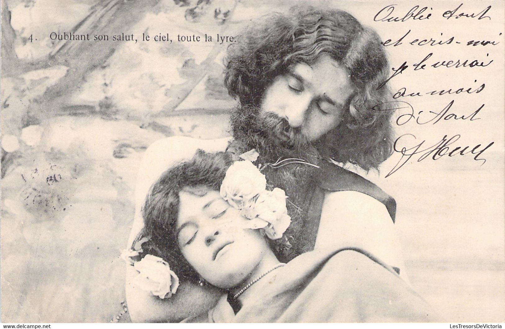 Lot de 6 cartes - Couple homme barbu et femme avec fleurs dans les cheveux - histoire d'amour et de séduction - 1905