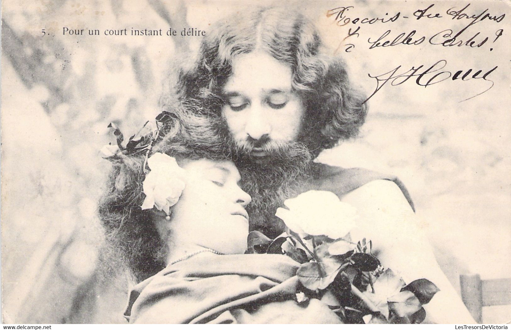 Lot de 6 cartes - Couple homme barbu et femme avec fleurs dans les cheveux - histoire d'amour et de séduction - 1905