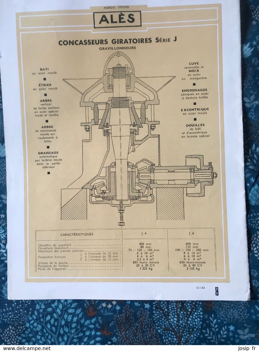 NOTICE TECHNIQUE- CONCASSEUR GIRATOIRE GRAVILLONNEUR- FORGES D'ALÈS, USINE DE TAMARIS (30) VERS 1950 - Travaux Publics