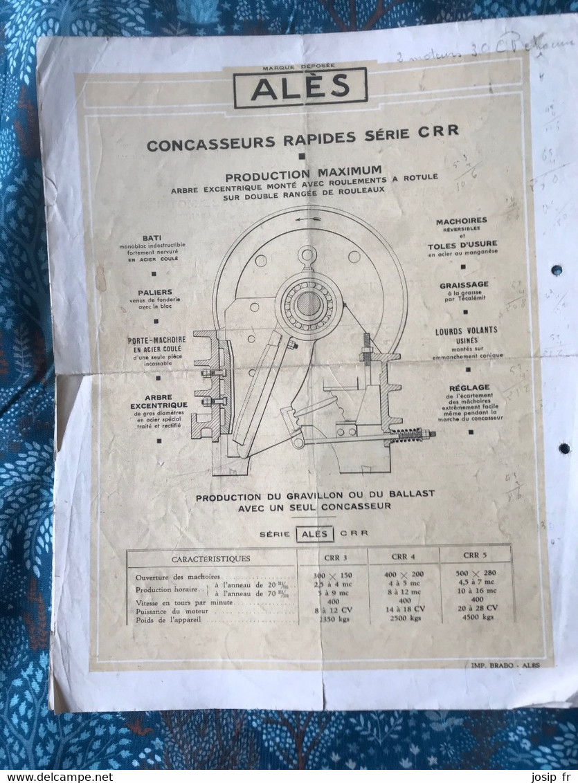 NOTICE TECHNIQUE- CONCASSEURS RAPIDES SÉRIE CRR- FORGES D'ALÈS, USINE DE TAMARIS (30) VERS 1950 - Travaux Publics