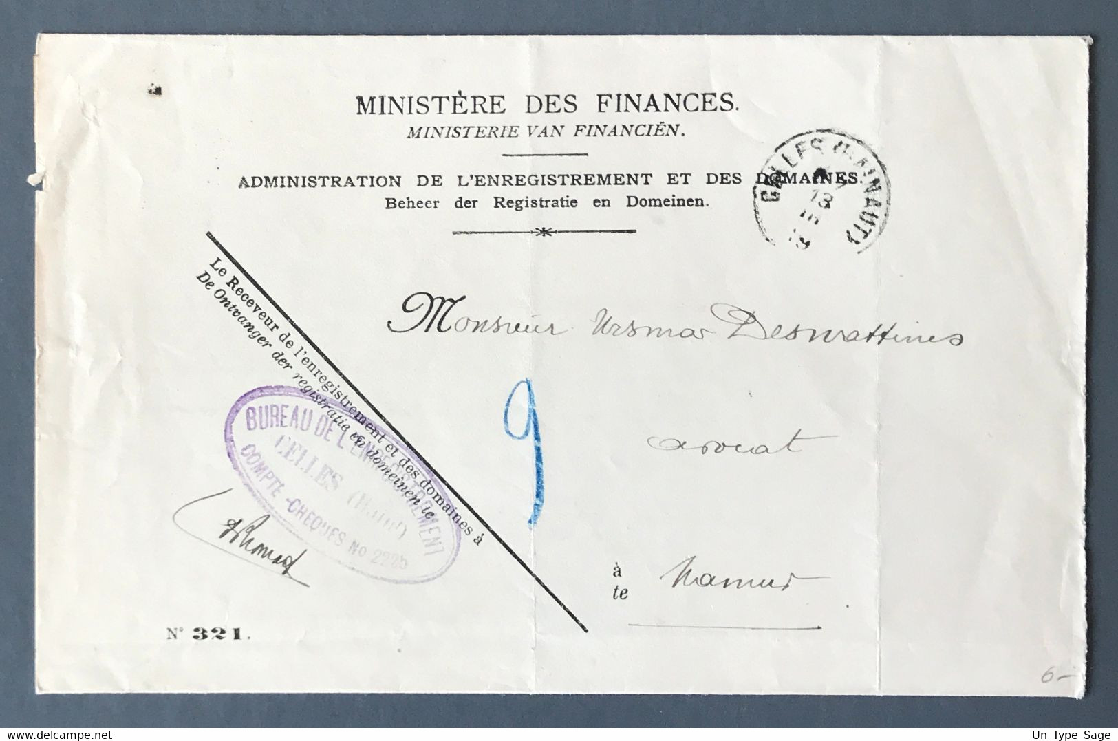 Belgique Cachet CELLES (HAINAUT) Sur Enveloppe Administrative 1919 - (A1644) - Noodstempels (1919)