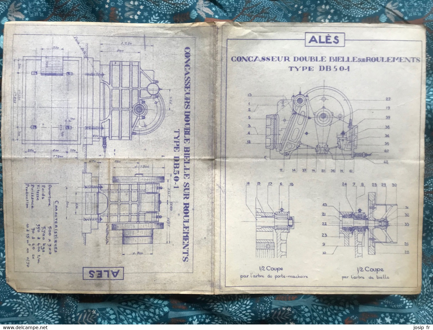 NOTICE TECHNIQUE- PLAN CONCASSEURS DOUBLE BIELLE SUR ROULEMENTS DB.50-1- FORGES D'ALÈS, USINE DE TAMARIS (30) VERS 1950 - Travaux Publics