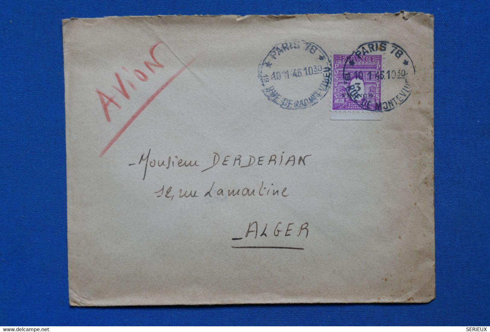 N29 FRANCE  BELLE LETTRE RARE 1946 PAR AVION PARIS POUR ALGER  +  N°711 SEUL+BORD + ARCH.  DERDERIAN++  AFFR. PLAISANT - 1944-45 Arc De Triomphe