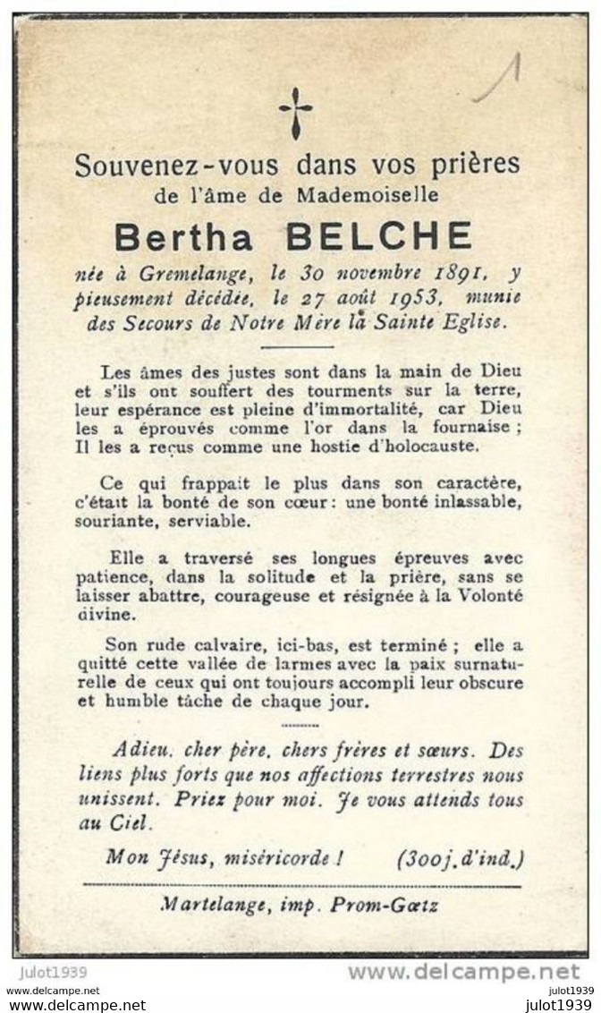 GRUMELANGE ..-- Mademoiselle Bertha  BELCHE . Née En 1891 , Décédée En 1953 . - Martelange