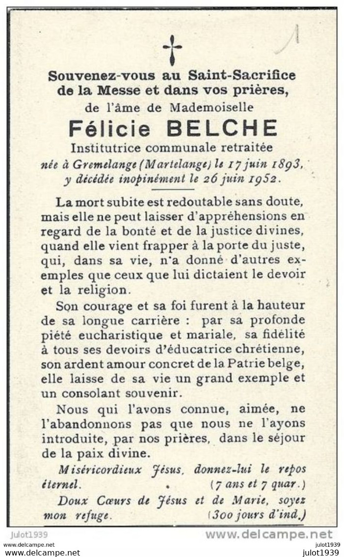 GRUMELANGE ..-- Mademoiselle Félicie BELCHE , Née En 1893 , Décédée En 1952 . Institutrice Communale Retraitée . - Martelange