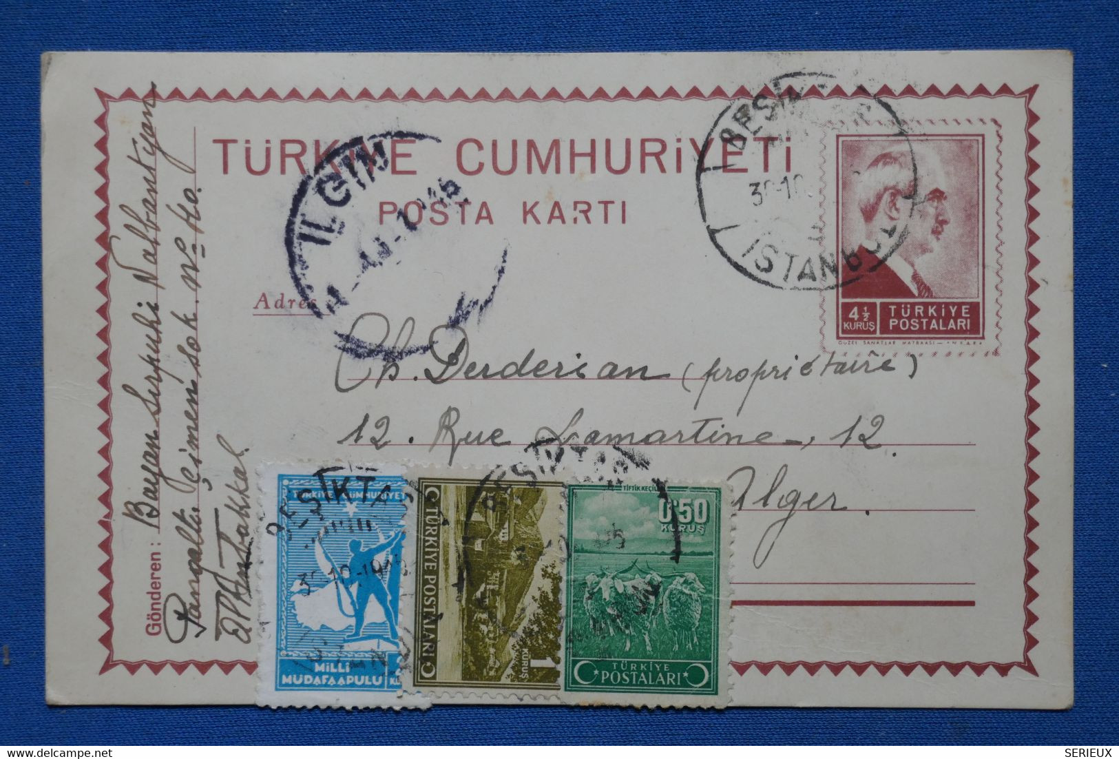 N29 TURQUIE  BELLE CARTE   1946 ISTANBUL POUR ALGER ALGERIE  ++ ARCH.  DERDERIAN++  AFFR. PLAISANT - Storia Postale