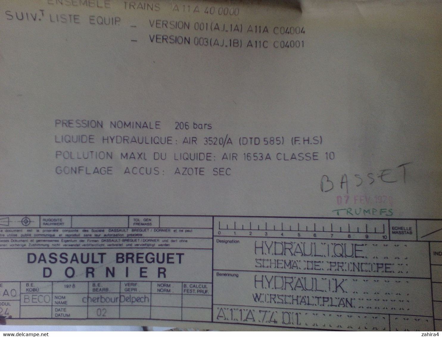 Aviation Dassault Breguet Dornier Alpha Jet ? Hydraulique Schéma D Principe Frein Porte Train Aérofrein Génération Volet - Autres Plans