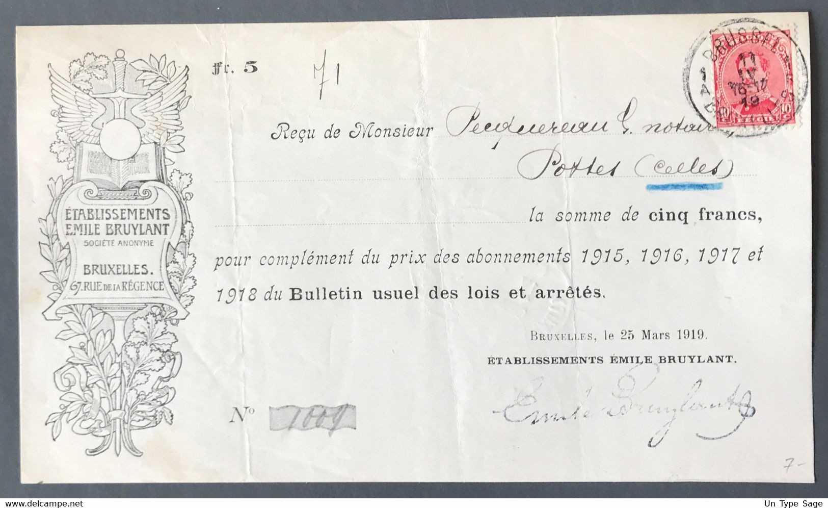 Belgique COB N°138 Sur RECU, Cachet De Fortune 1919 BRUSSEL 1A BRUXELLES - (A1651) - Foruna (1919)