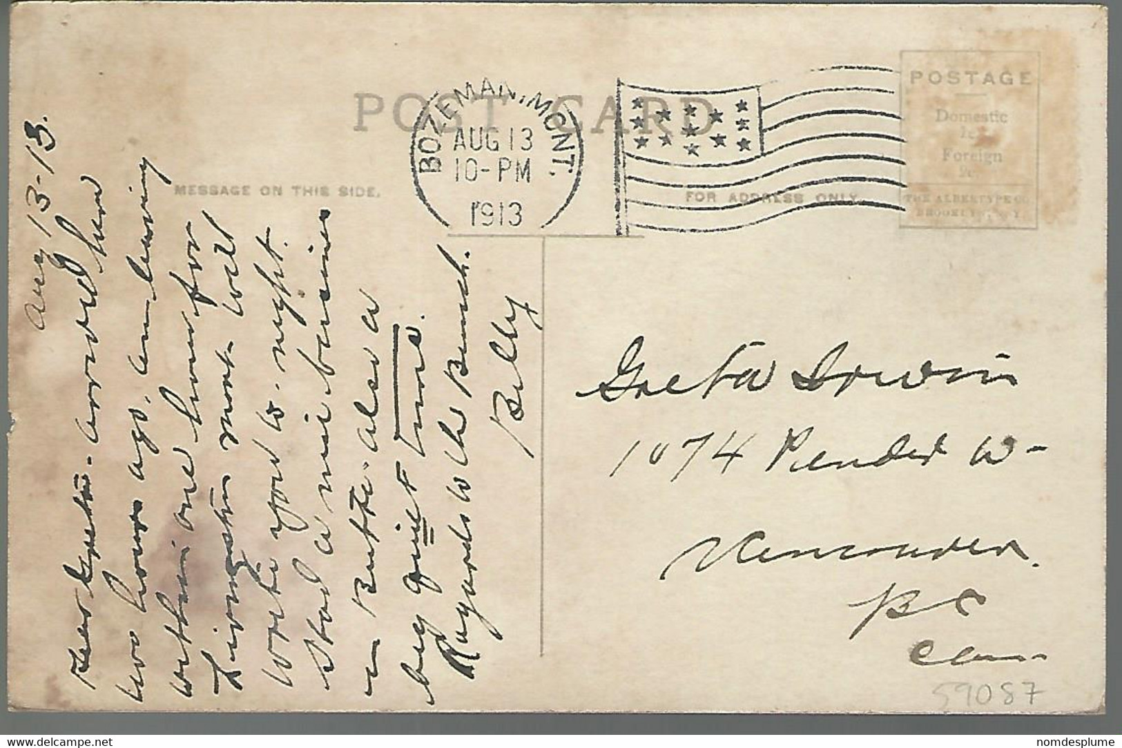 59087 ) USA Central Avenue Bozeman MT 1913 Postmark Cancel - Bozeman