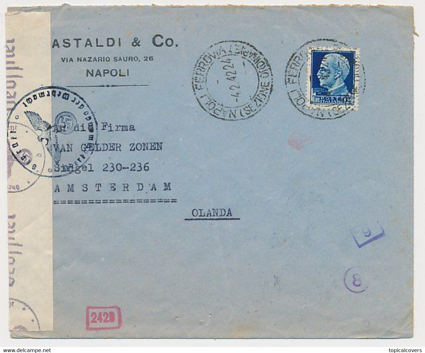 Censored Cover Napoli Italy - Amsterdam The Netherlands 1942 - WWII - Otros & Sin Clasificación