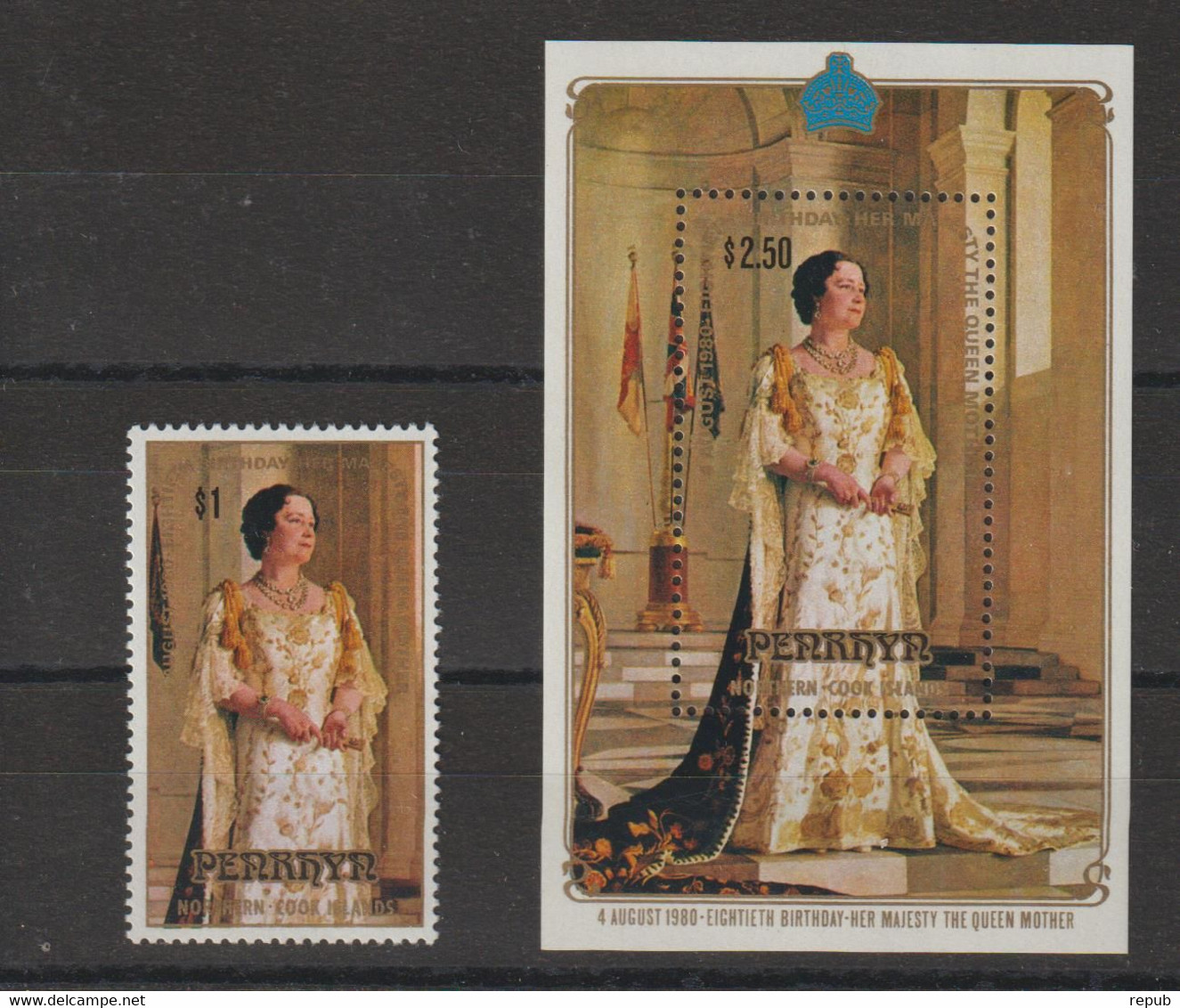 Penrhyn 1980 80ème Anniversaire De La Reine Mère 124 Et BF 21, 2 Val ** MNH - Penrhyn