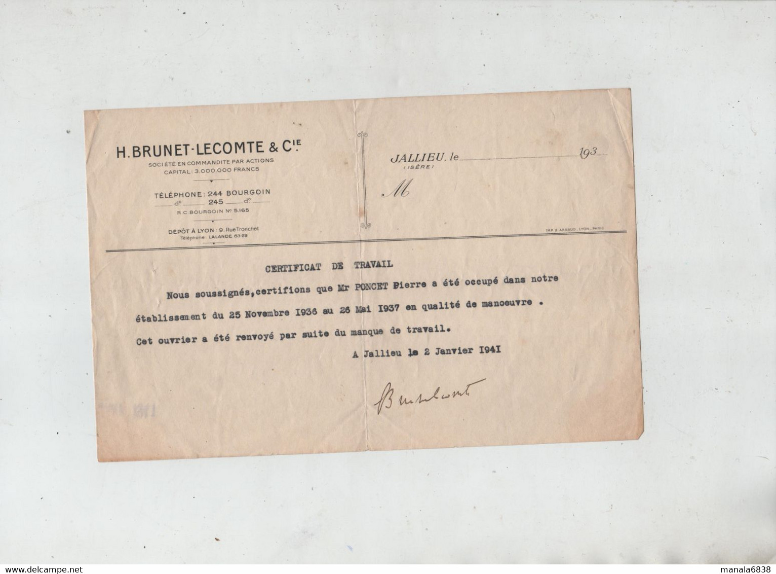 Brunet Lecomte Bourgoin Jallieu Certificat De Travail Poncet Manoeuvre 1941 - Non Classés