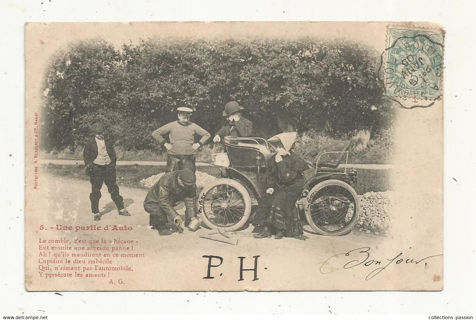 JC, Cp , Automobile , Une Partie D'Auto , Bécane En Panne , Voyagée 1905 , Dos Simple - Passenger Cars